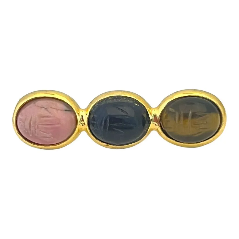 Vintage 1970s Scarab Brooch Onyx Jasper Tiger Eye Gold Tone Egyptian Revival- 5T